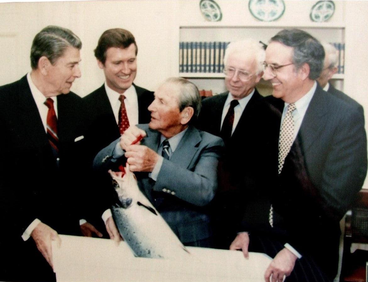 George Fletcher and President Ronald Reagan - Rangeley Region Sports Shop
