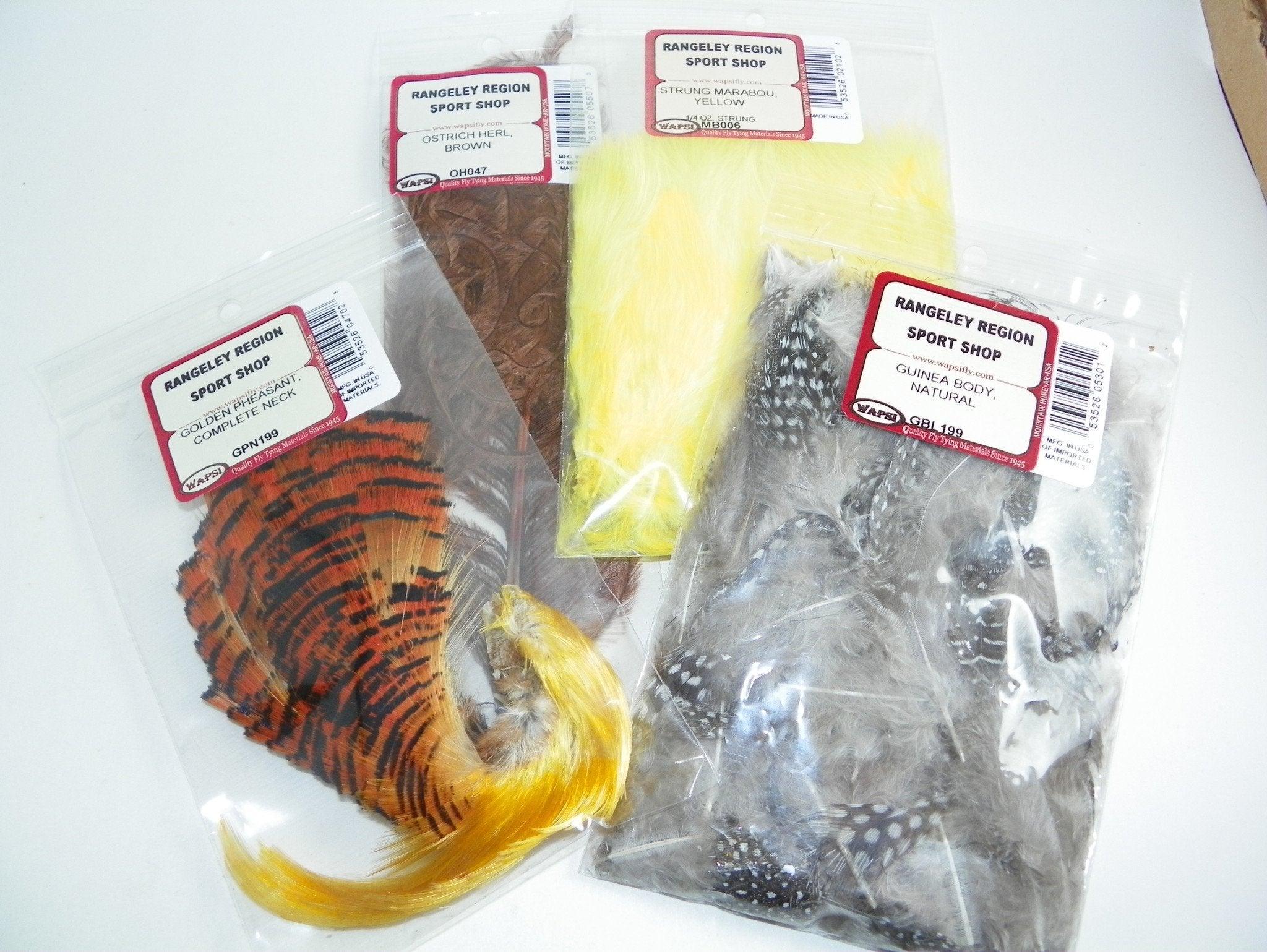 Four different packs of colorful feathers