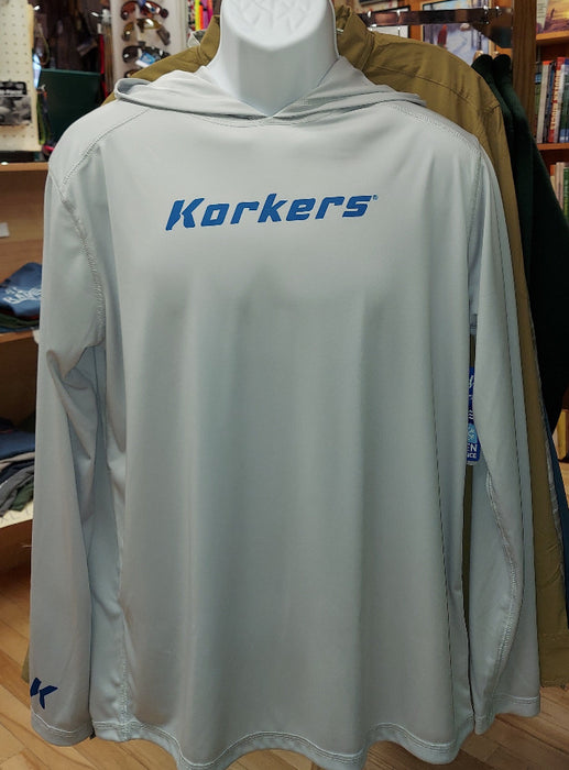 The front of the gray hoodie with the name Korkers in blue