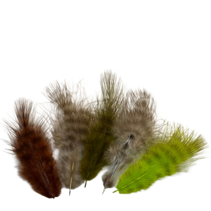 Five different colored grizzly marabou feathers