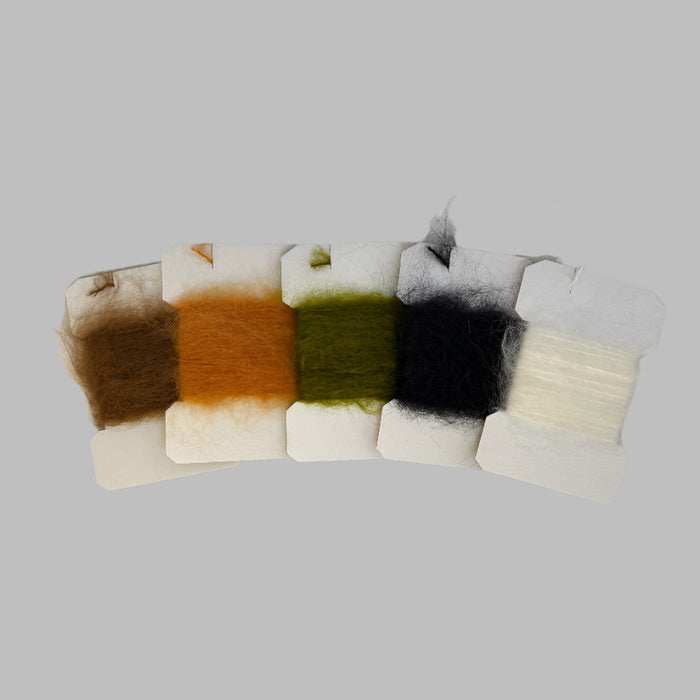Five different colors of leech yarn on cards