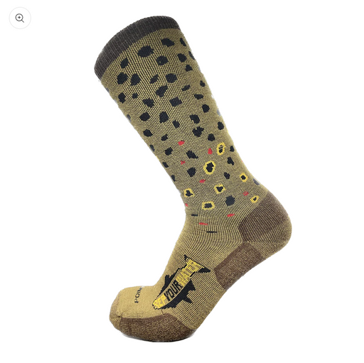 Brown sock with brown trout skin pattern on a white background