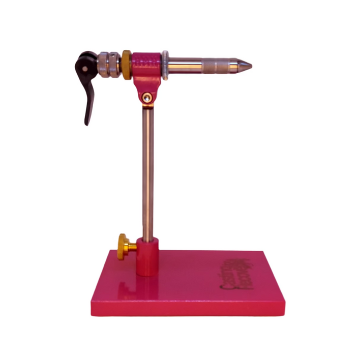 A fly tying vise from HMH Vises with a pink base and accent engraved with the Casting for Recovery logo