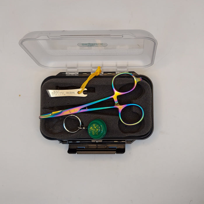 a set of tools from Dr. Slick packed in a double sides fly box for fly anglers