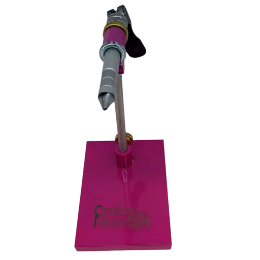 A fly tying vise from HMH with pink base engraved with the Casting for Recovery logo