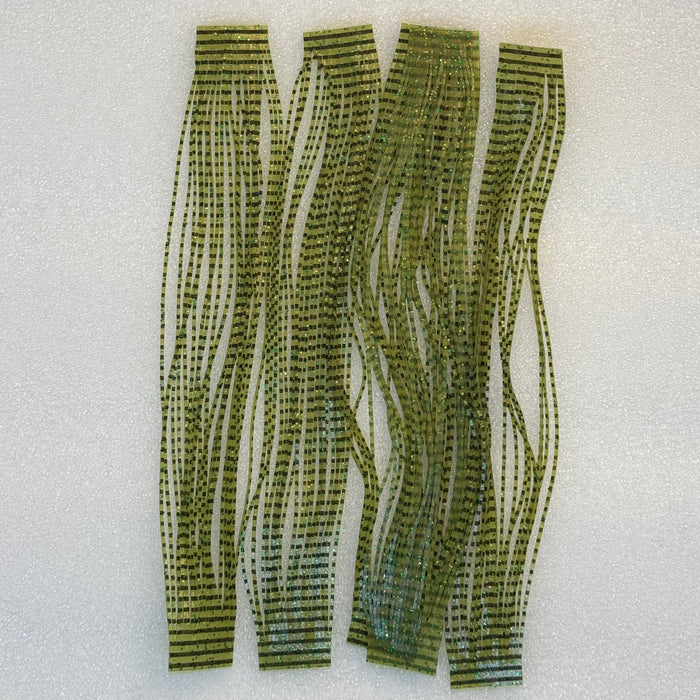 Four strips of olive colored barred sili legs