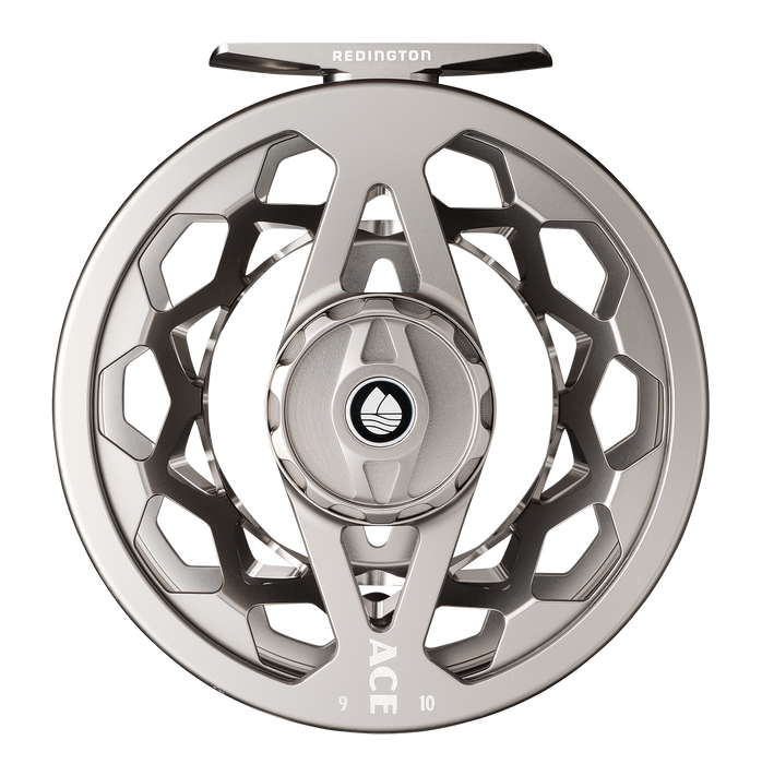 Redington ACE Silver reel with black and grey checkered background