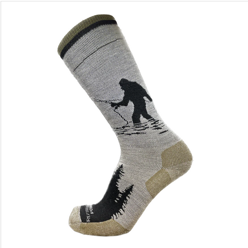 Gray sock with a black silhouette of a sasquatch holding a fly rod on the ankle, and black silhouetted trees on the toes on a white background.