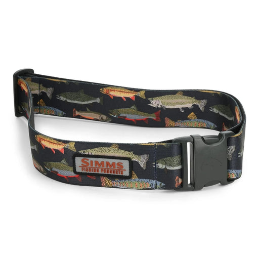 A simms wading belt covered with colorful trout with black buckle