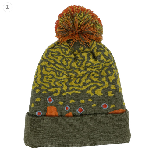 Knitted beanie with a brook trout skin design and orange pom-pom on a white background