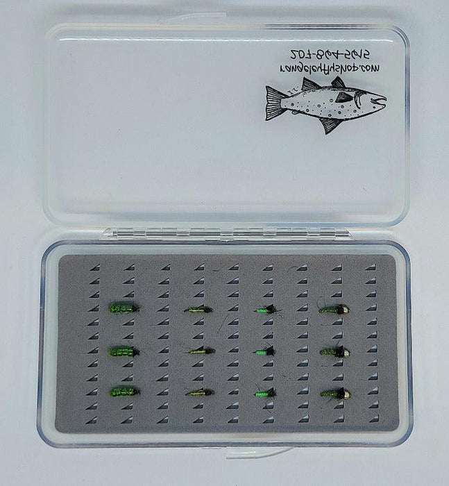 A collection of 12 nymphs for fly fishing in a box with a see-through lid