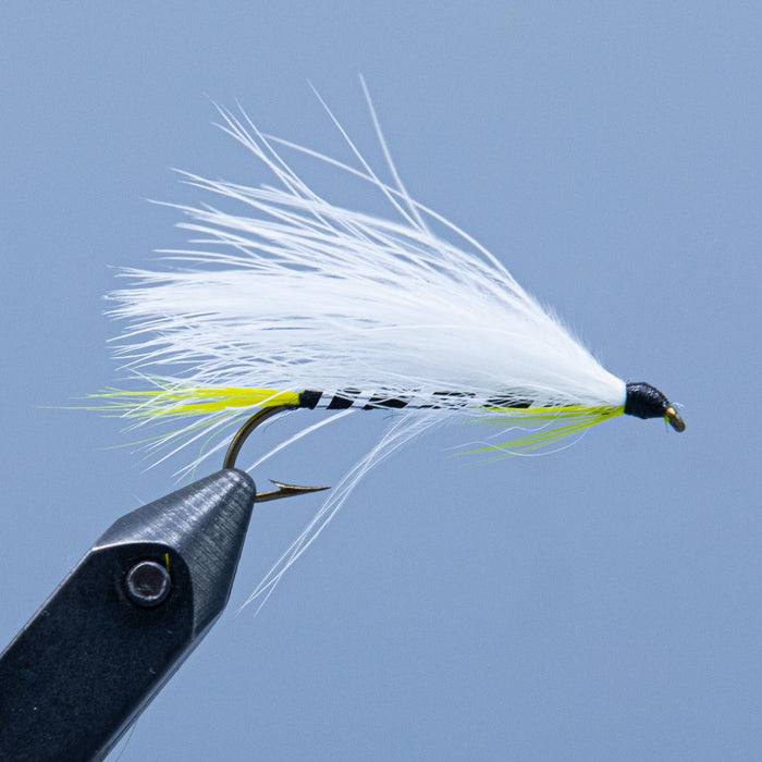 The Black Ghost, a black, yellow, and white streamer fly tied in a Rangeley Maine fly shop with white marabou