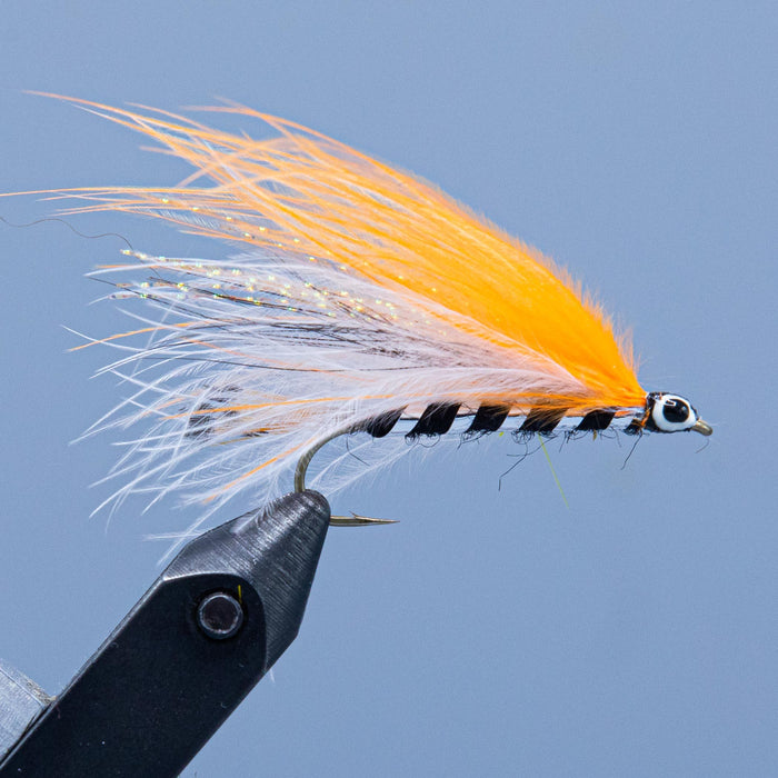 The Mansfield Marabou fishing fly is an orange and white winged streamer fishing fly with a black and silver body. Tied for a Rangeley Maine Fly Shop