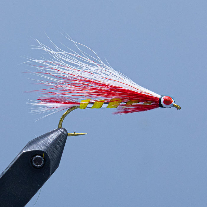 Parmachenee Belle streamer fishing fly with yellow and silver body and red and white bucktail at a Maine fly shop