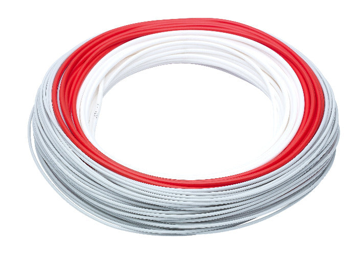Mostly light grey and white with red RIO Indicator Flyline coil on white background