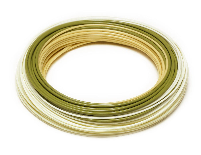 Olive, yellow and cream colored fly line coil