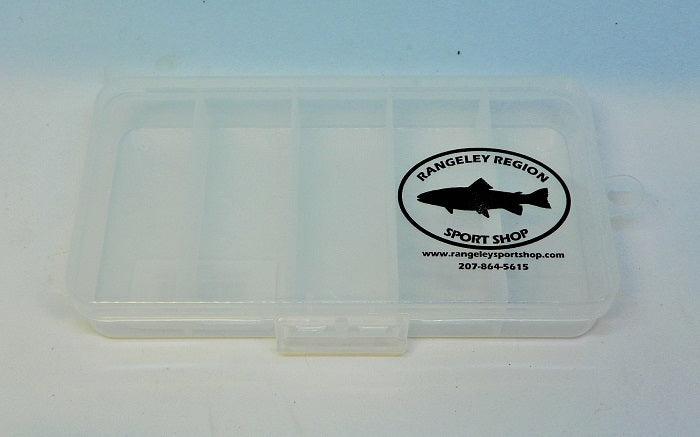 five compartment translucent box for holding lures and flies with Rangeley Region Sport Shop black design on cover