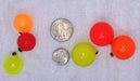 3 colors of each of two sizes of Thingamabobber strike indicators being sold by the Rangeley Maine fly shop