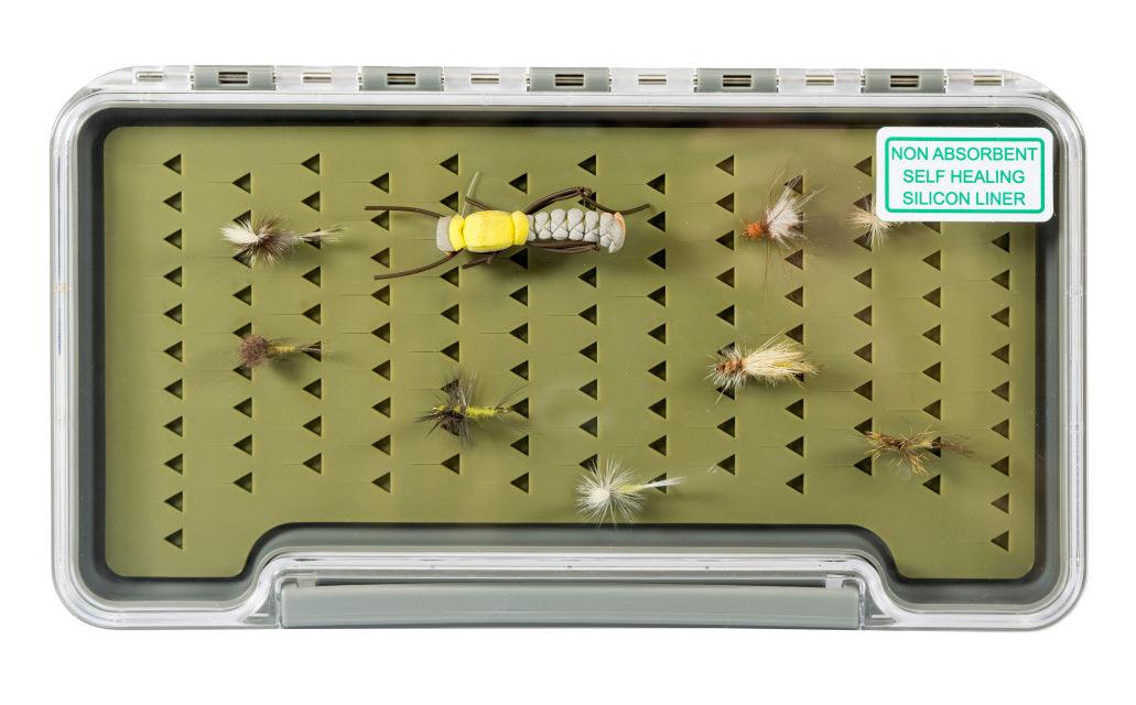 clear lidded fly box with light olive silicone liner