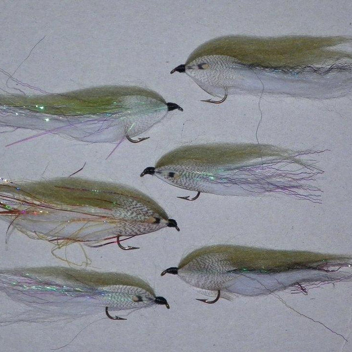six baitfish imitation fishing flies tied with olive and white psuedo marabou