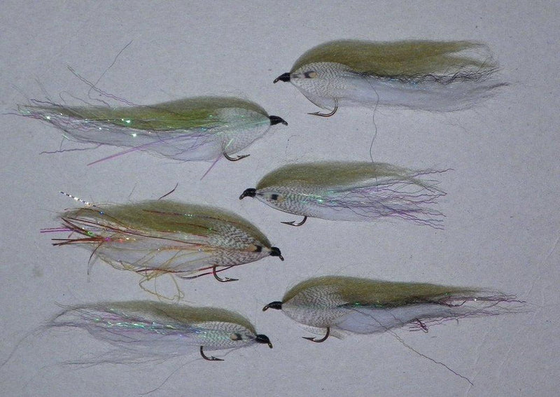 six baitfish imitation fishing flies tied with olive and white psuedo marabou