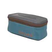 Ripple reel case, teal fabric with brown trim and textured top panel