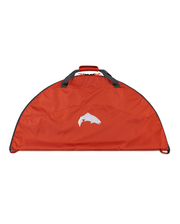 Simms Taco wader bag in orange with white fish logo, black top handles
