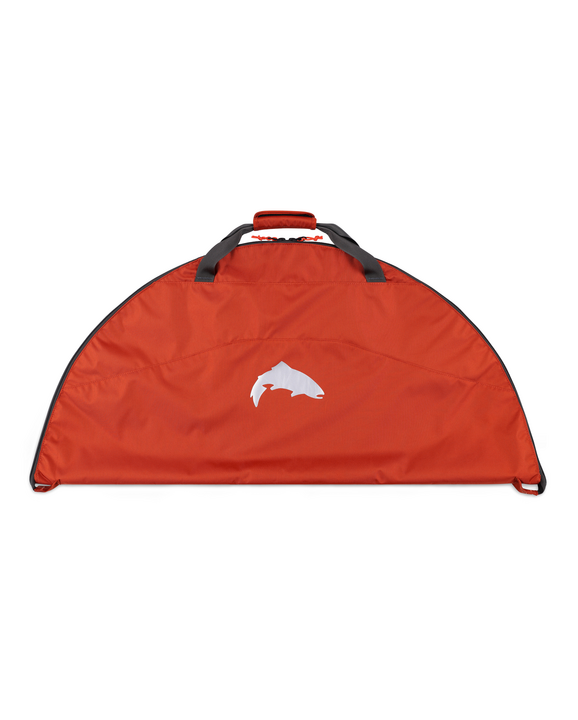 Simms Taco wader bag in orange with white fish logo, black top handles
