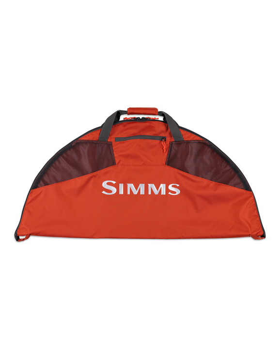 Simms Taco wader bag in orange, black trim, large front Simms logo