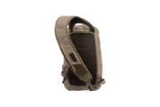 Tan sling bag with open side pocket and mesh interior panel