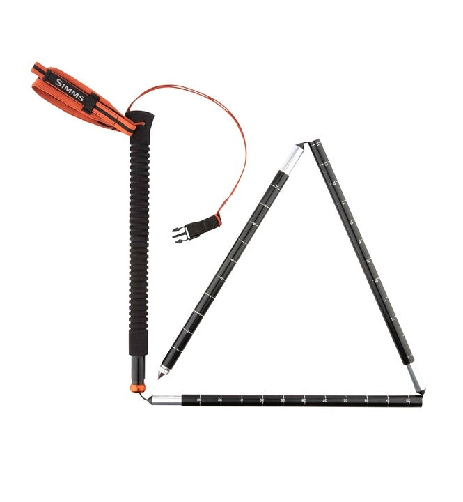 Wading staff with telescoping black rods, orange grip, and lanyard loop