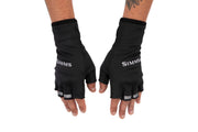 Black half-finger gloves with SIMMS logo, padded palm and open fingertips