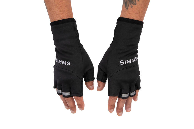Black half-finger gloves with SIMMS logo, padded palm and open fingertips
