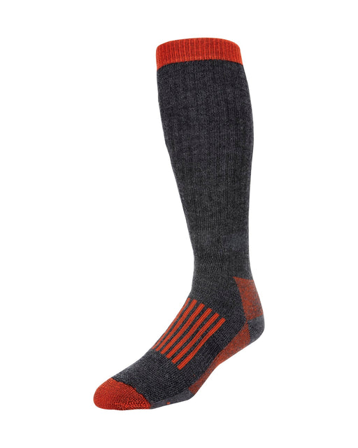 side view of carbon colored Simms heavy weight over the calf sock ( orange accent colors)