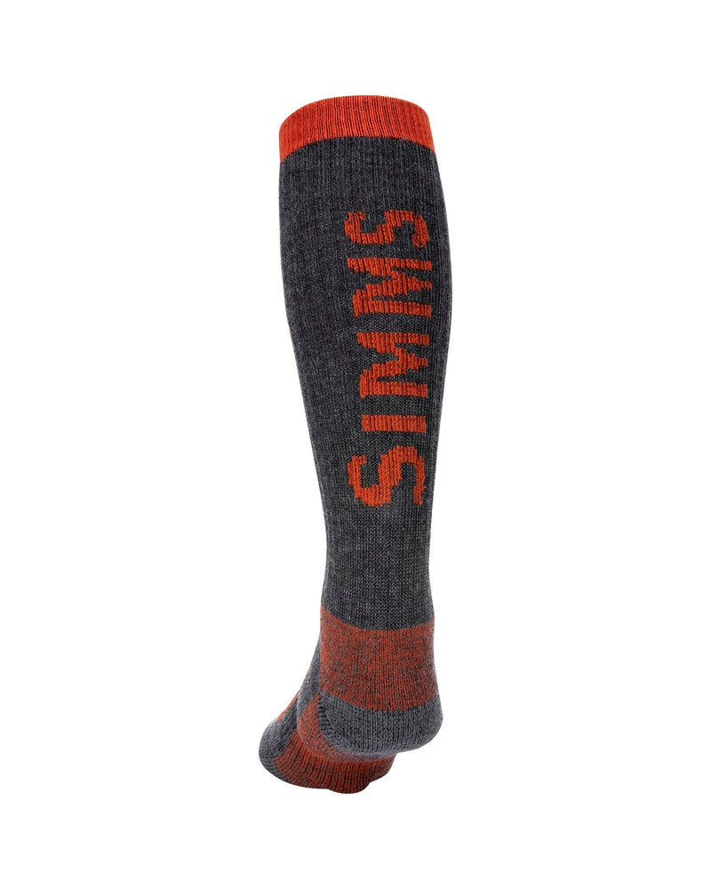 Men's merino thermal OTC sock, dark gray with red cuff and vertical logo text