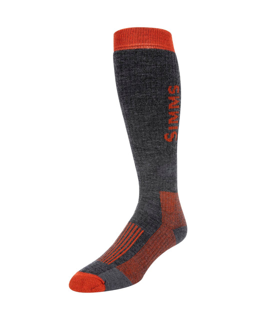 side view of gray merino wool sock with orange accents
