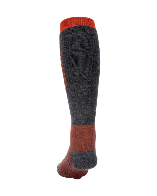 back view of gray and orange Simms Merino midweight over the calf sock