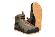 Dark stone wading boot with camo upper, brown laces, black rubber sole