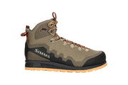 Camo wading boot with brown lace-up, dark upper, SIMMS logo, black outsole