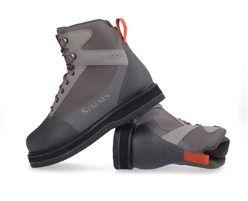 Felt-sole wading boot in dark gray and gray with lace-up front and orange pull tab