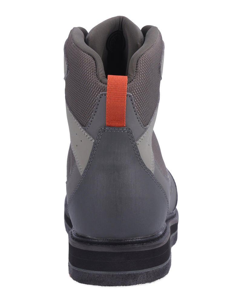 Wading boot with textured gray upper, black outsole, and orange heel pull strap