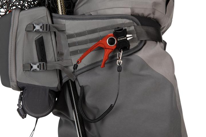 Simms hip pack open front organizer with phone pouch, keys, and orange tool clip