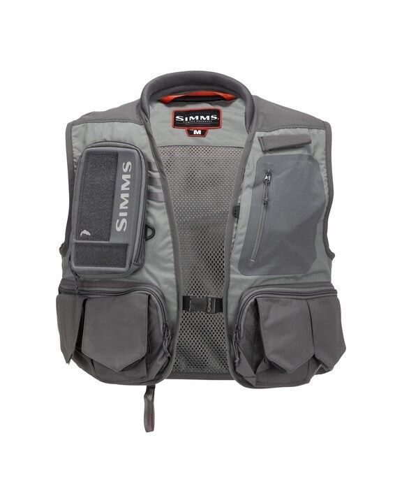 Simms Freestone vest in pewter gray with zip front, multiple storage pockets