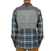 Freestone vest back view with large flap pocket and adjustable neck tab, gray