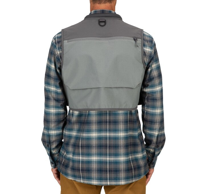 Freestone vest back view with large flap pocket and adjustable neck tab, gray