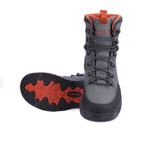 Gunmetal high-top wading boot with rubber sole tread and orange collar accents.