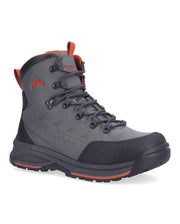Gunmetal wading boot with rubber sole, orange laces and trim, high-top.