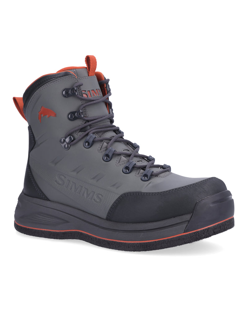 Wading boot with dark gray upper, orange collar and lace accents, felt sole