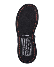 Wading boot felt sole with black footbed, red stitched border, Simms logo