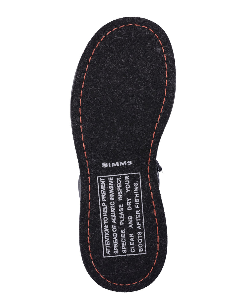Wading boot felt sole with black footbed, red stitched border, Simms logo